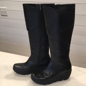 Black Wake Wedge Leather Tall Riding Boots